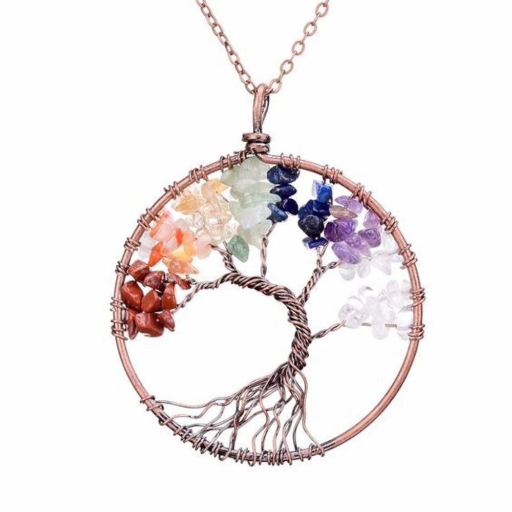 Chakra Tree Of Life Pendant Necklace Copper Crysta
